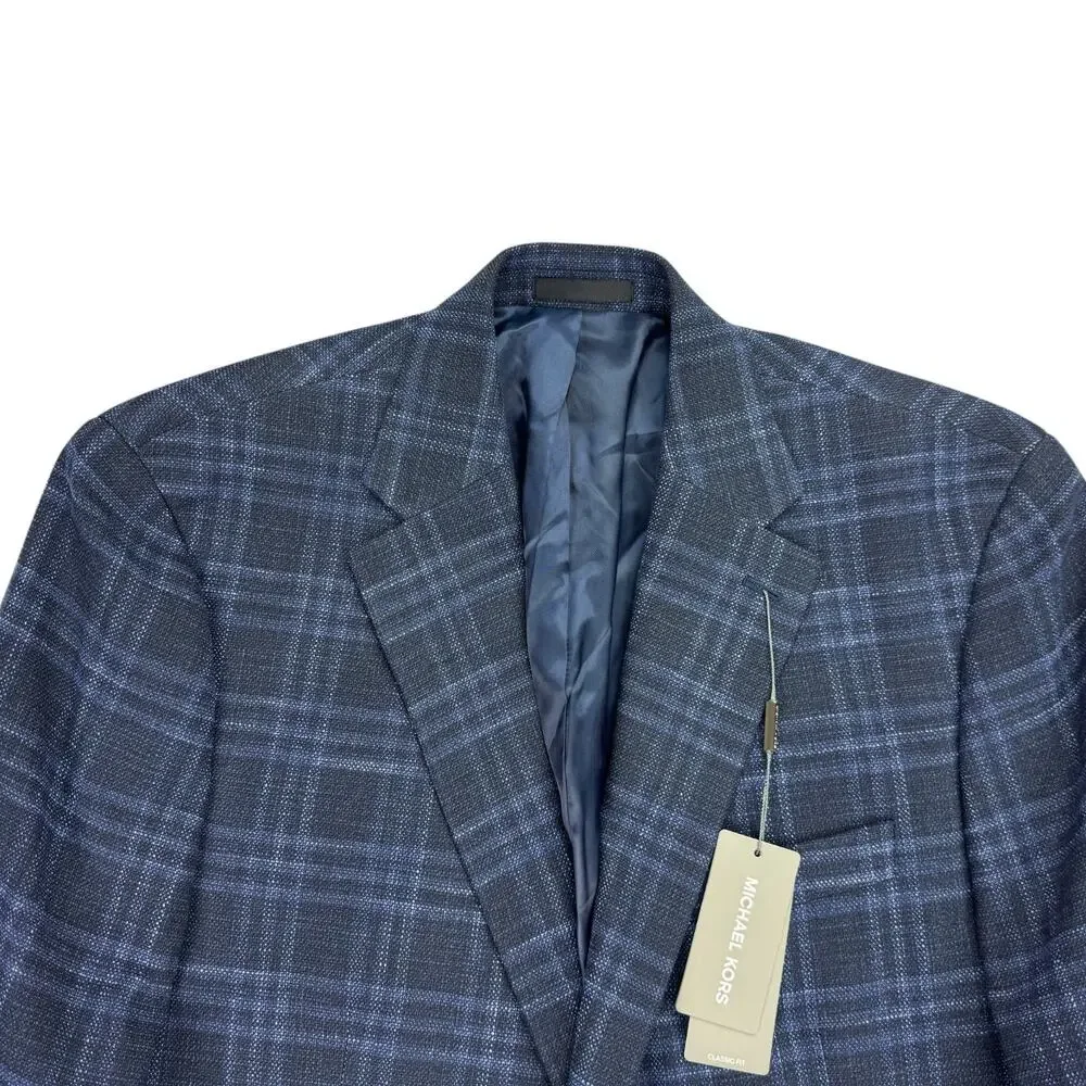 Michael Kors Mens Kent Classic Fit Stretch Plaid Sport Coat Midnight Navy 42S
